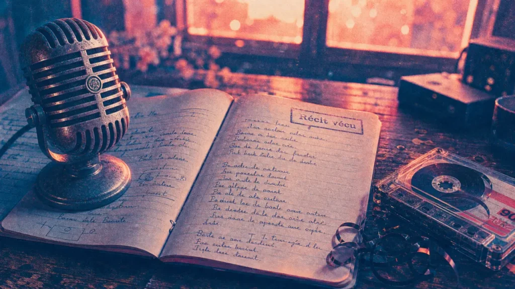 Chanson autobiographique : micro, carnet et cassette audio