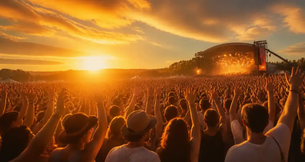 Foule d'un festival de chanson française au coucher du soleil