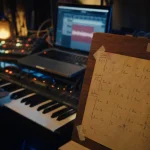hervé le sourd en studio, clavier et notes manuscrites