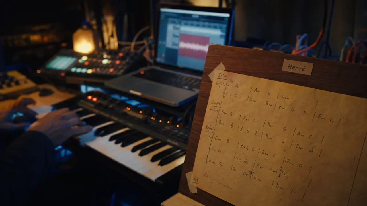 hervé le sourd en studio, clavier et notes manuscrites
