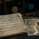 Paroles de chansons anciennes 1900 : livret de chansons sur table, partition et encre