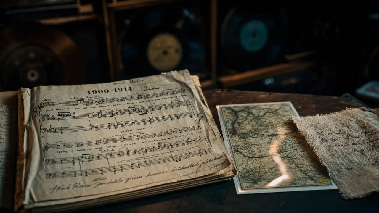 Paroles de chansons anciennes 1900 : livret de chansons sur table, partition et encre