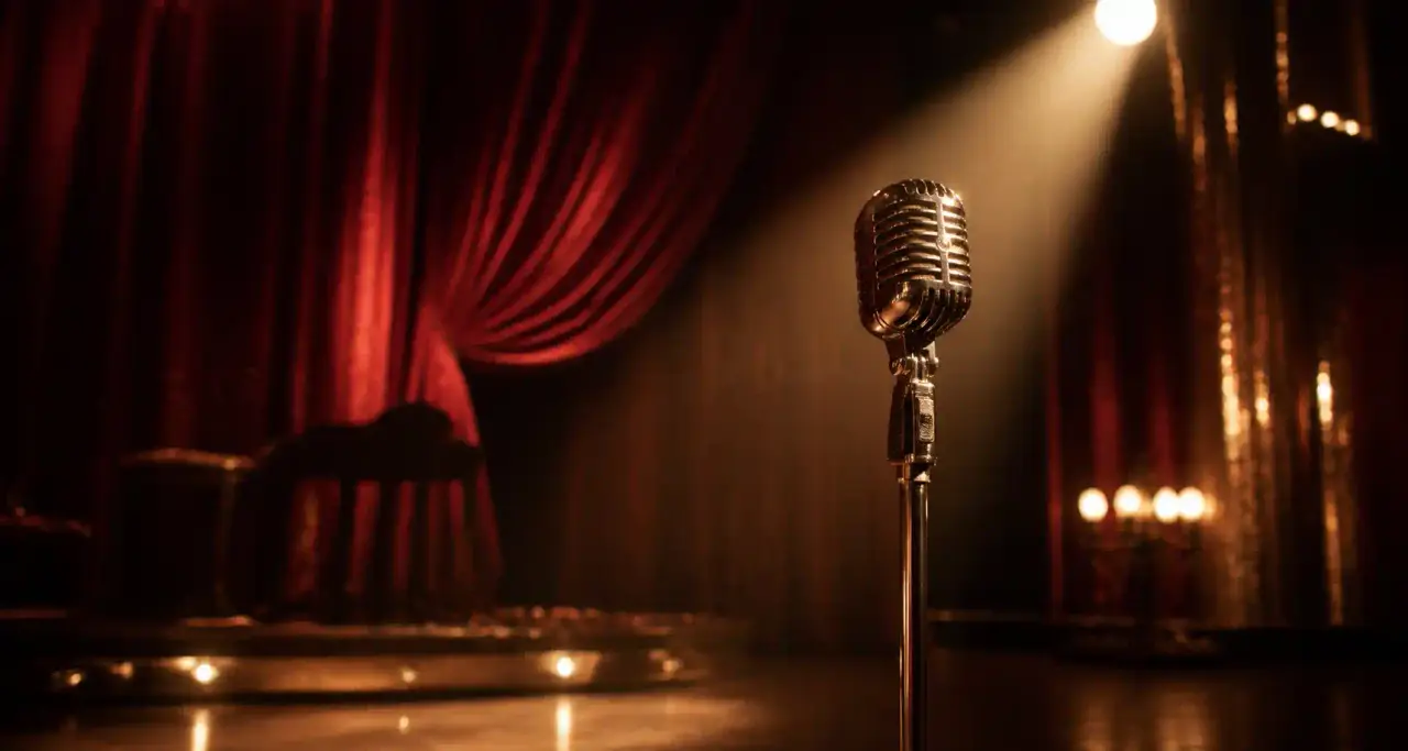 Micro chrome vintage sous un projecteur doré devant un rideau de velours bordeaux sur une scène de music-hall