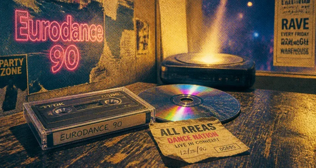 Annee 90 tubes : cassettes et CD, néon club « Eurodance 90 »