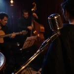 Chanteurs jazz français : chanteuse de jazz et micro vintage dans un club parisien