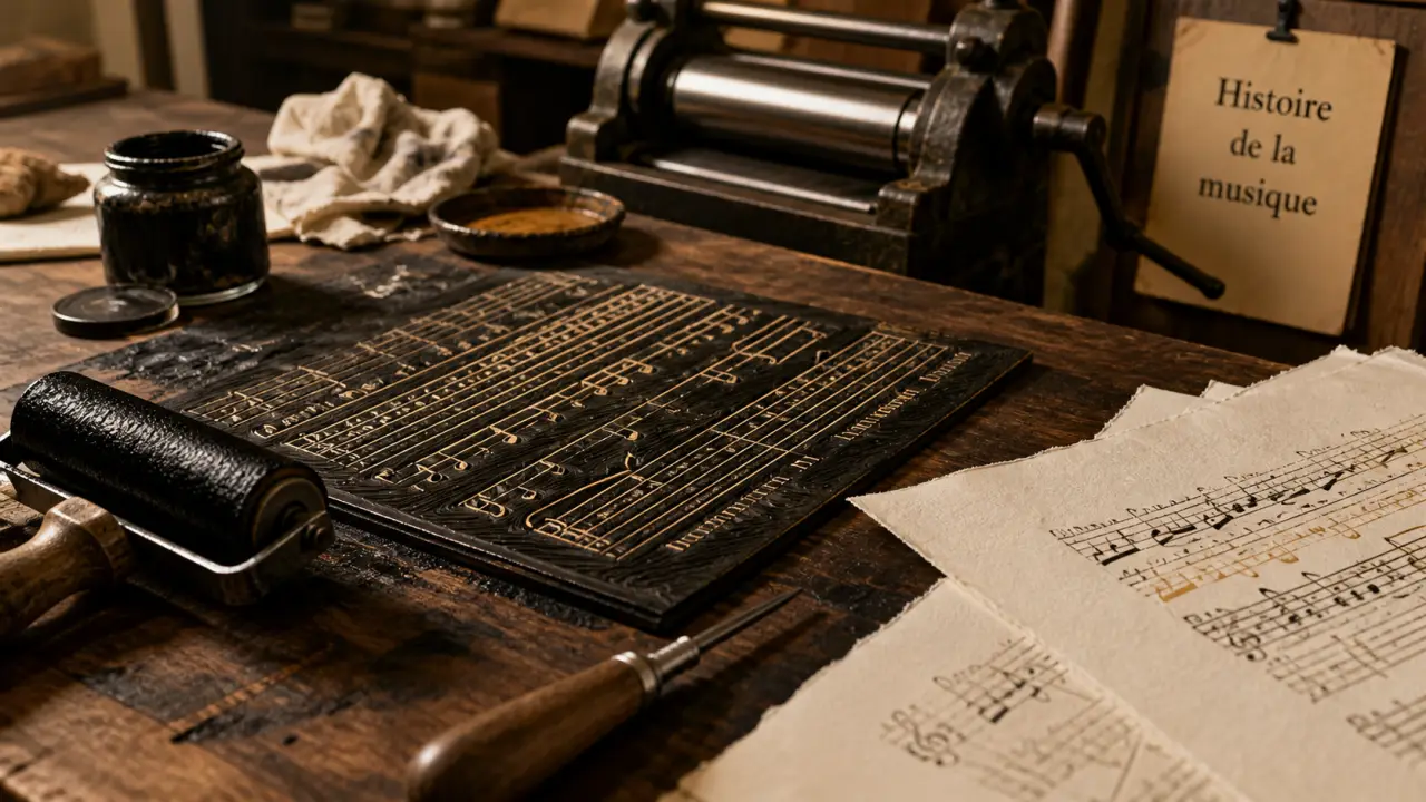 Histoire de la musique : linogravure de portées et neumes