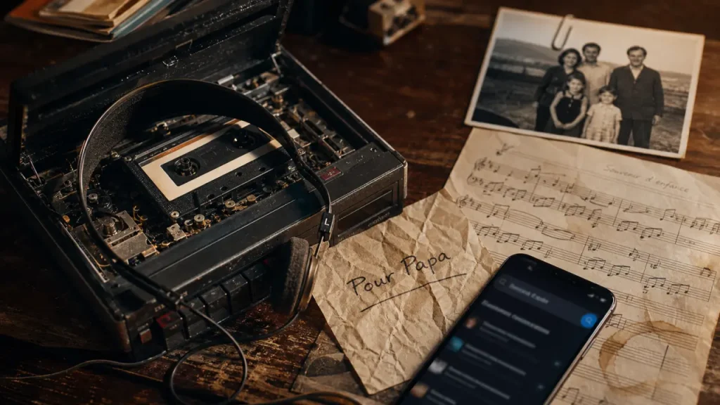 Papa chanson française : magnétophone et papier « Pour Papa »