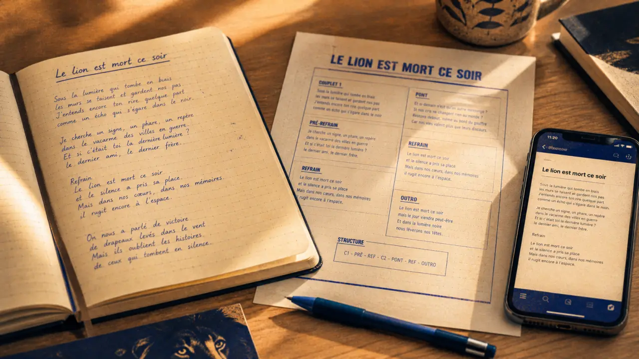 Parole le lion est mort ce soir : paroles manuscrites et PDF à côté du Roi Lion et Pow Wow