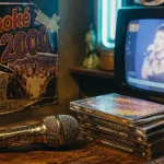 Chanson française année 2000, décor karaoké avec micro et CD rétro