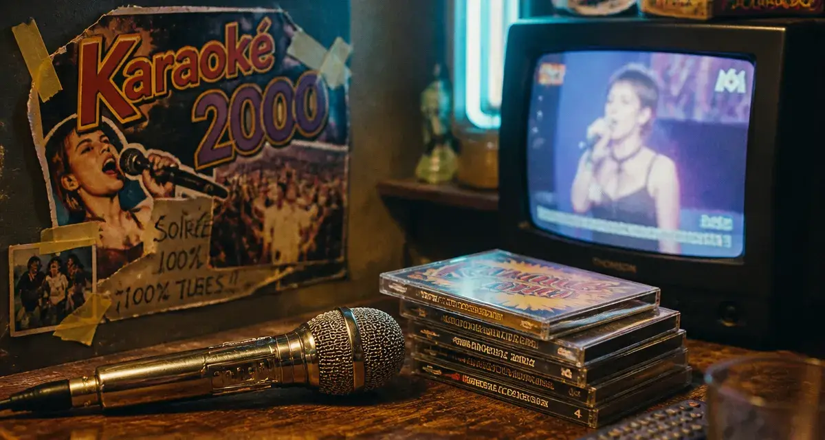 Chanson française année 2000, décor karaoké avec micro et CD rétro