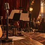 Chanteur variété française en scène intime, micro et guitare, lumière dorée
