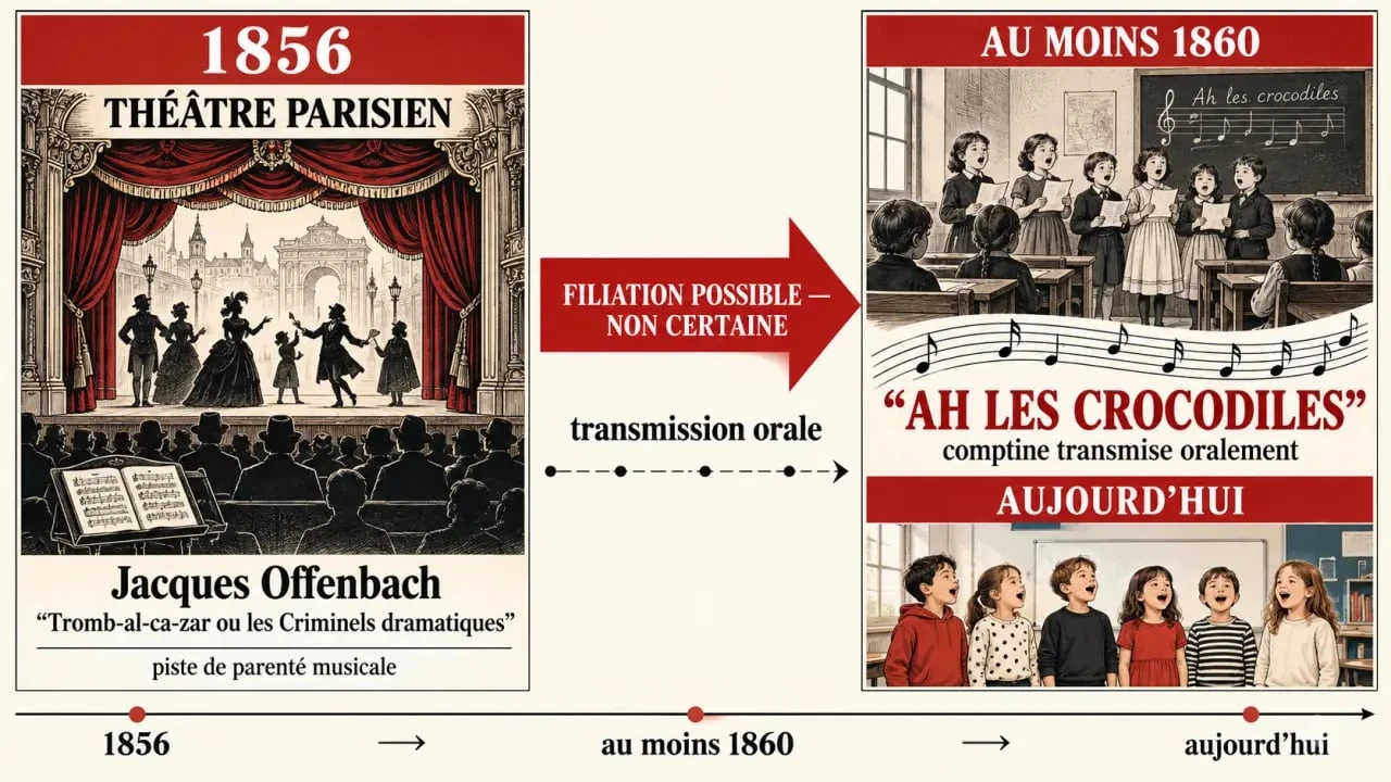 Infographie sur Ah les crocodiles paroles origine, Offenbach et la transmission de la comptine