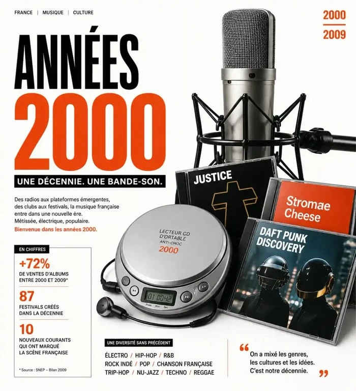 Ambiance musicale des années 2000 en France avec des objets emblématiques de la décennie
