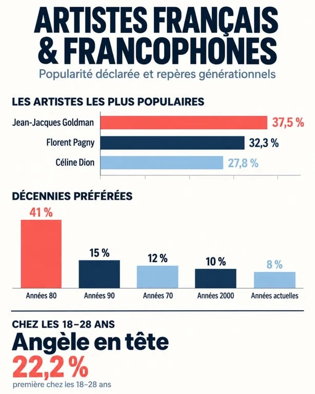 Infographie sur les artistes français et francophones les plus populaires selon les générations et les décennies musicales