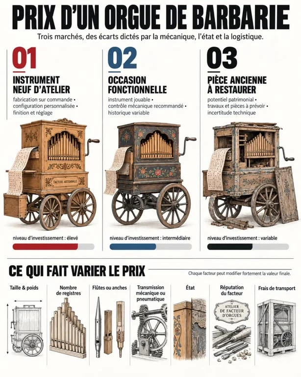 Infographie sur le prix orgue de barbarie et les facteurs qui influencent sa valeur