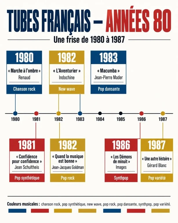 Infographie chronologique des tubes années 80 français, de 1980 à 1987