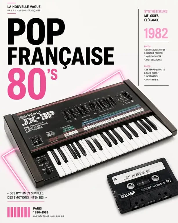Ambiance musicale rétro avec synthétiseur et cassette pour illustrer la chanson française des années 80