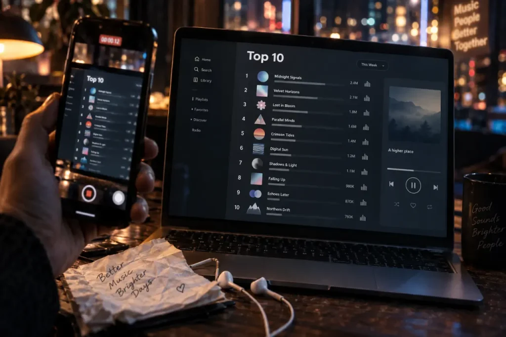Top 10 des artistes français les plus écoutés sur Spotify, écran de streaming