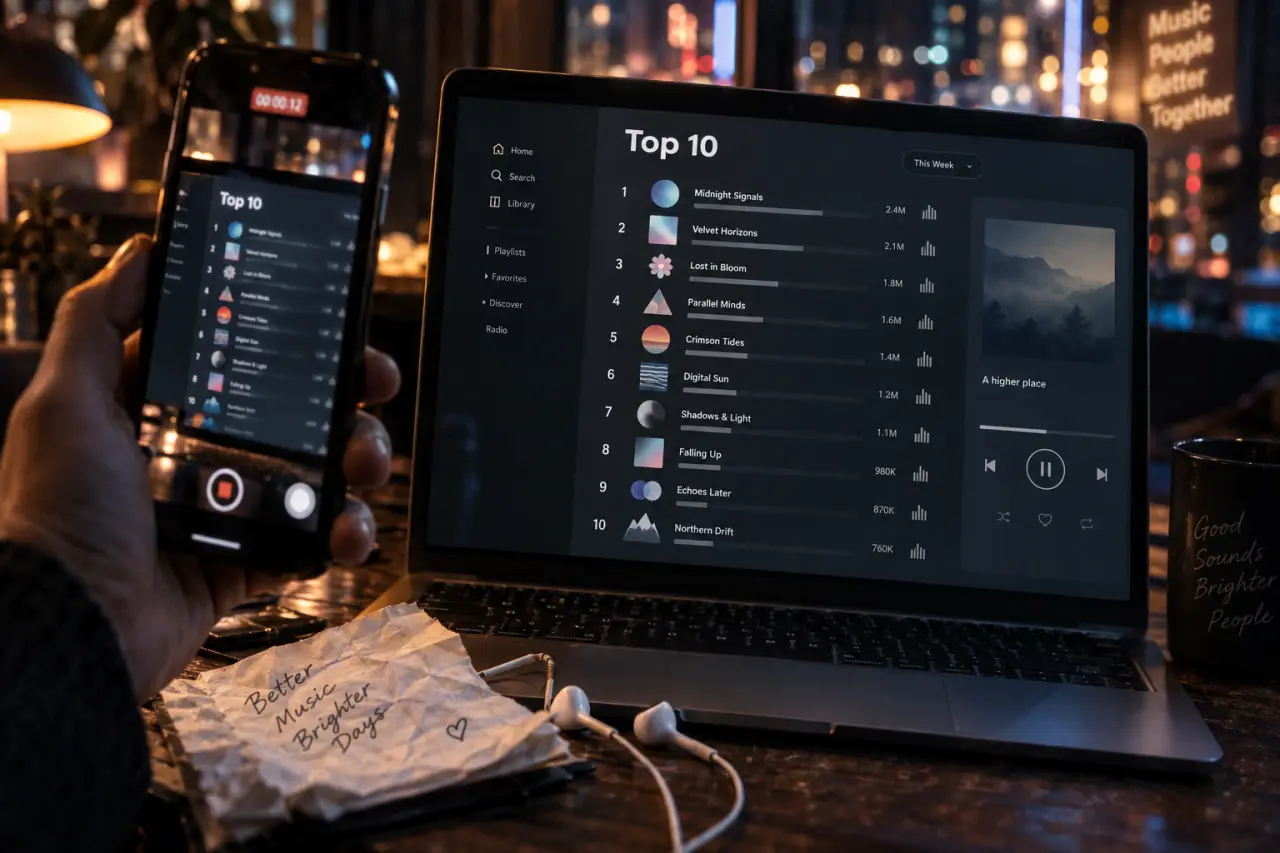 Top 10 des artistes français les plus écoutés sur Spotify, écran de streaming