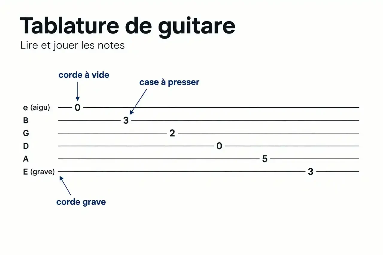 Comment lire une tablature de guitare : exemple de cabrel tab avec six cordes, numéros de cases et corde à vide