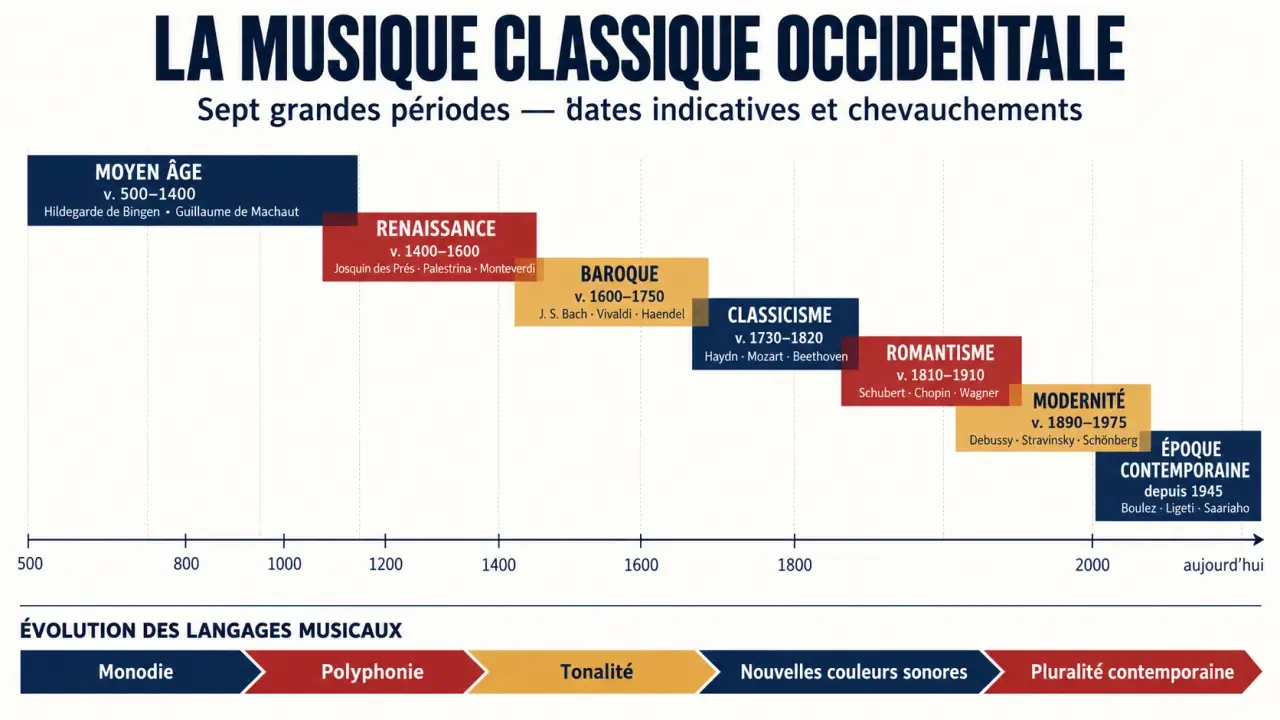 Frise chronologique des périodes musique classique occidentale, du Moyen Âge à l’époque contemporaine