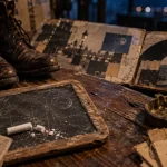 La nuit je mens paroles : ardoise, craie et bottes sur table, livret de disque