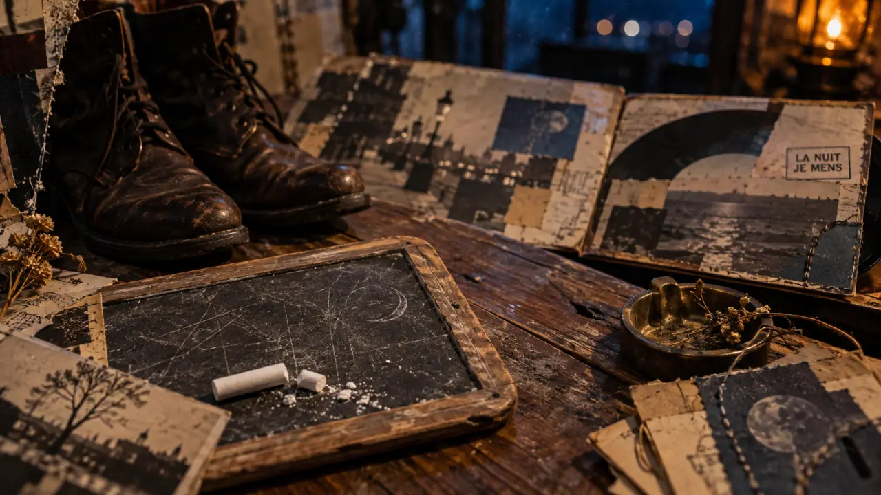 La nuit je mens paroles : ardoise, craie et bottes sur table, livret de disque