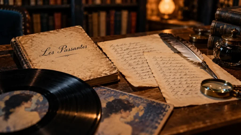Les passantes paroles Brassens : carnet jauni, plume et disque vinyle.