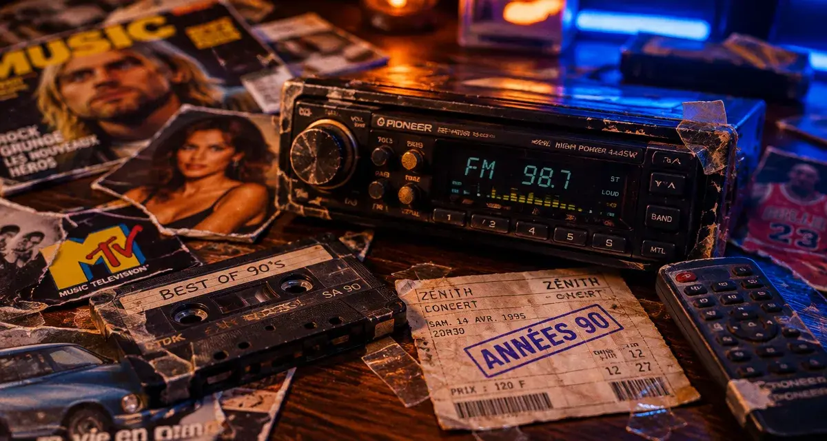 Musique des années 90 : autoradio rétro et pochettes sur table